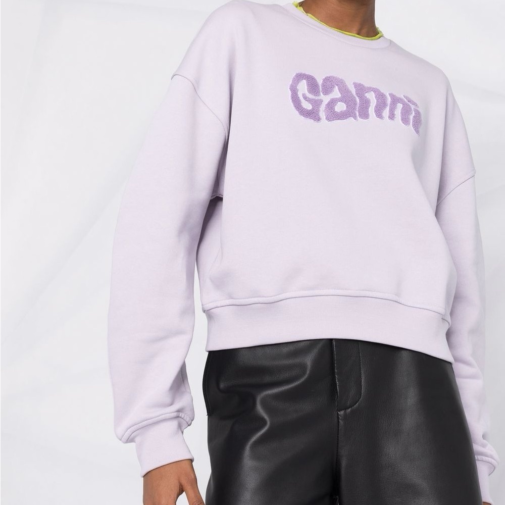GANNI textured logo crew neck sweatshirt purple